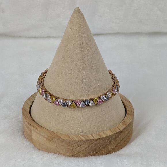 925 CZ Rainbow Trillion Cut Tennis Bracelet 7.5" Gold Vermeil Colorful Stones - Picture 1 of 7